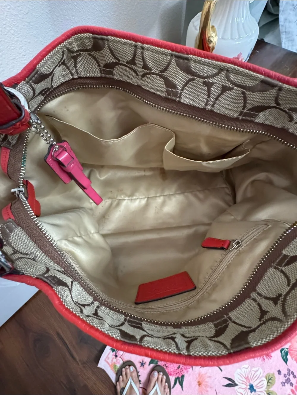 Coach Brown Signature Canvas Tote with Orange Leather Trim
